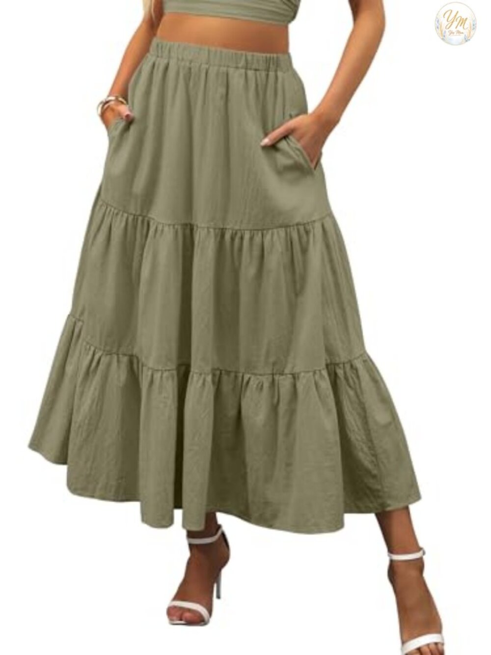 Women's Summer Flowy Maxi Skirt with Pockets Rayon A-Line Tiered Ruffle